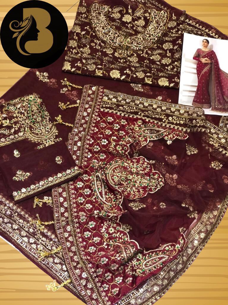Maria B Sari Full Embroidery - Maroon Color
