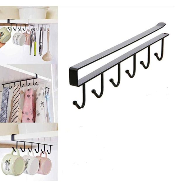 6 Hooks Mug Cups Organizer Hanging Hook Rack Holder Under Cabinet Closet Pic 3