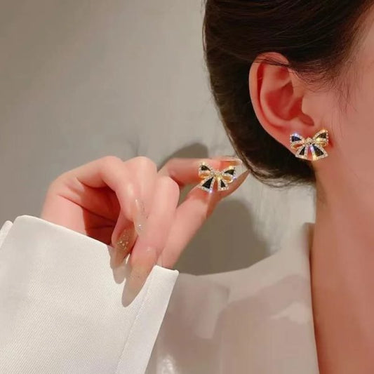 Elegant Zircon Black Bow Tie Earrings Pic 1