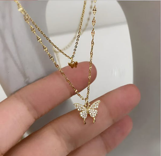 Koren Double Layer Pendent Smart Butterfly With Diamonties Attach Best For Young Girls And Ladies | Women Double Layer Pendant Chain Silver Butterfly Necklace Chain