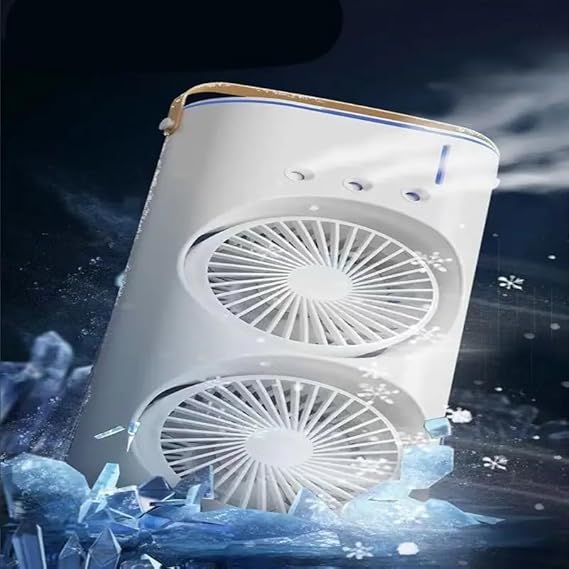 Portable Mini Double Fan Air Cooler With Mist Humidifier And Led Lighting, Mini Table Cooling Fan For Home & Office – Rechargeable (white)