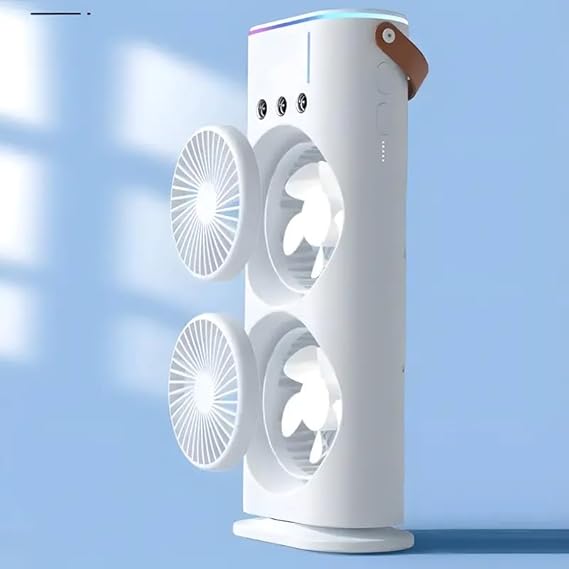 Portable Mini Double Fan Air Cooler With Mist Humidifier And Led Lighting, Mini Table Cooling Fan For Home & Office – Rechargeable (white)