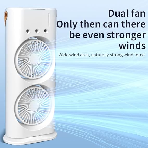 Portable Mini Double Fan Air Cooler With Mist Humidifier And Led Lighting, Mini Table Cooling Fan For Home & Office – Rechargeable (white)