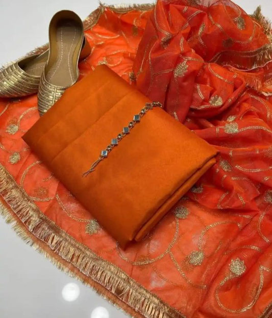 Silk 3pc Suit Silk Shirt Sam Silk Trouser With Dupatta Gifted Khussa ( Orange )