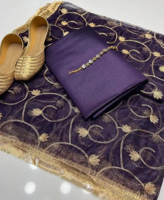 Silk 3pc Suit Silk Shirt Sam Silk Trouser With Dupatta Gifted Khussa ( Purple )